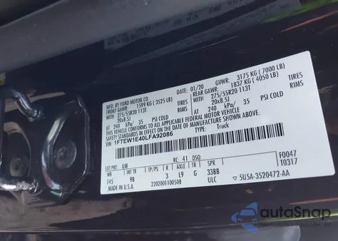 2020 Ford F150 Platinum z USA, uszkodzony, nr VIN 1FTEW1E40LFA92086